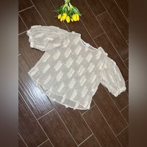 Yuni Los Angeles taupe sheer pom pom puff sleeves sz Large